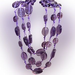 Flat Triple Strand Purple Glass Beaded Necklace. Knotted Matching Shining Thread